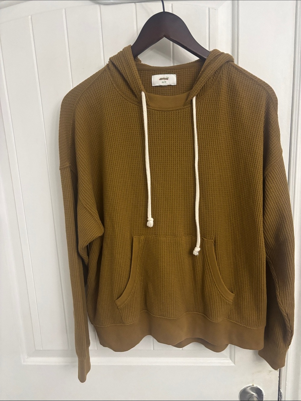 AERIE Cozy Waffle Knit Hoodie in Mustard Brown
